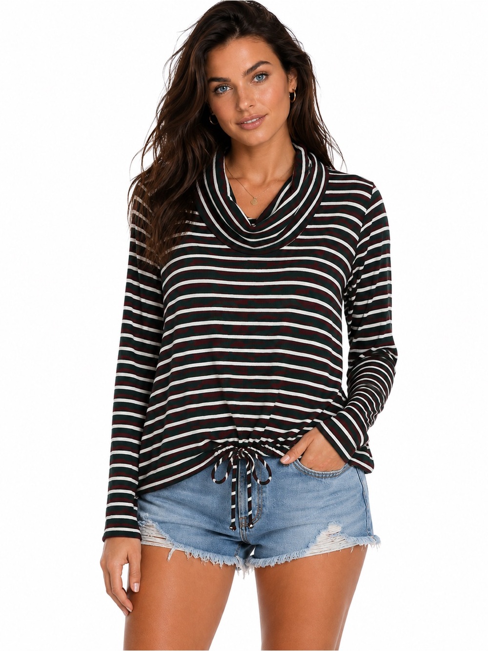 Vintage 70s Brookwell Striped Cowl Neck Top Polyester Drawstring Waist Retro